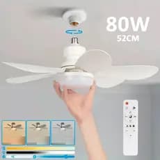 Ventilador de Teto 2 em 1 Controle Remoto 80W Lâmpada 3 Cores E27 Silencioso Bivolt