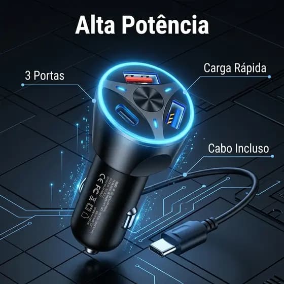 Carregador Veicular Turbo USB 3.0 USB-c USB 3.1A Carregamento Rapido 55w-Inclui cabo de carregamento