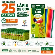 Kit Atacado 25 Caixas de Lápis de Cor 12 Cores Leo&Leo Linha Eco