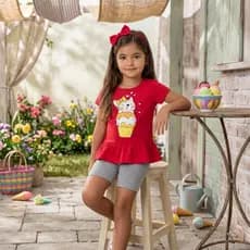 Conjunto infantil menina confortável blusa de babado + bermuda ciclista cotton verão