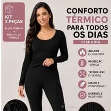 Conjunto Segunda Pele Térmica Feminino Flanelado Frio Intenso Blusa Manga Longa e Meia Calça Legging Sem Pé Inverno