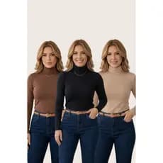 Kit 1/2/3 Blusa Feminina Manga Longa Gola Alta Segunda Pele Suplex Premium