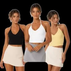 Kit 2 Peças Top Cropped Feminino de Ribana Frente Unica com Amarração no Pescoço Alça Fina Decote V