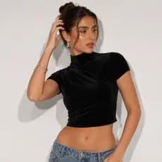 Cropeed Feminino Gola Alta Veludo Manga Curta Elastano Luxo Elegante Noite Casual Chic Moderno Festa