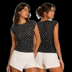 Blusa Tule Manga Curta Japonesa Poá Branco Forro Elegante Confortável Moderna Casual Dia a Dia