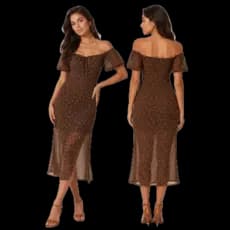 Vestido Feminino Midi Manga Curta Tule Estampado Floral Fenda Lateral Decote Ciganinha Plus Size