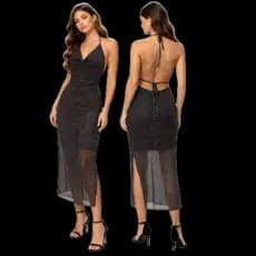 Vestido Feminino de Tule Preto Poá Branco Midi Fenda Lateral Costas Aberta Amarração Pescoço Fashion