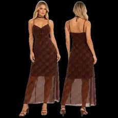 Vestido Midi Tule Xadrez Feminino Alça Regulável Elegante Sensual Fenda Lateral Moda Inverno 26