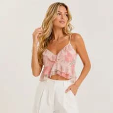 Blusa Cropeed de Tule Floral Decote V Com Forro Alças Finas Babados confortável encontro
