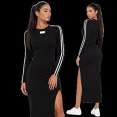 Vestido Feminino Midi Ribana Manga Longa Elastano Fenda Justo Elegante Casual Moderno  Dia a Dia