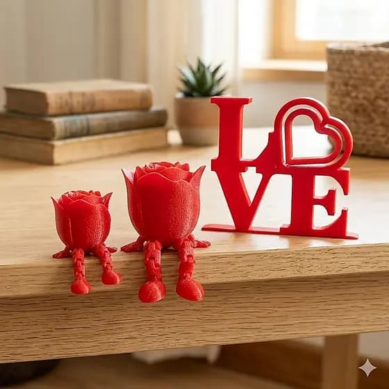 Kit Decoração Romântica 3D - Letreiro Love + 2 Rosas Articuladas - Presente Criativo Dia das Mães ou Namorados