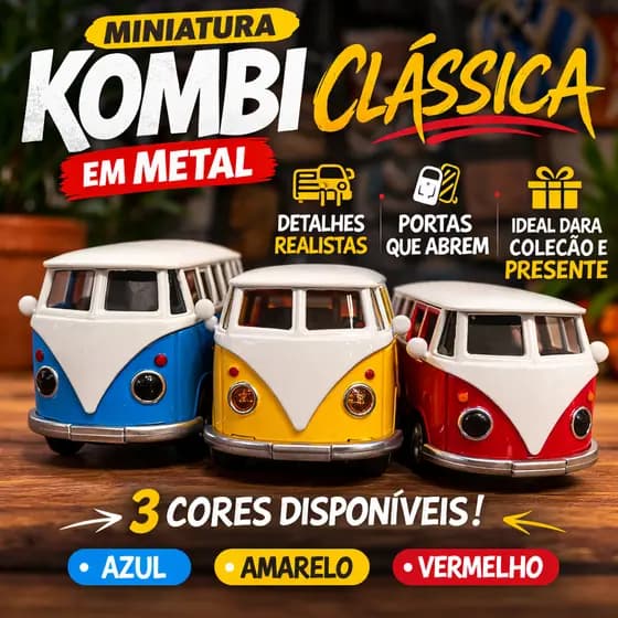 Miniatura Kombi Clássica Metal Carrinho Colecionável Volkswagen 3 Cores