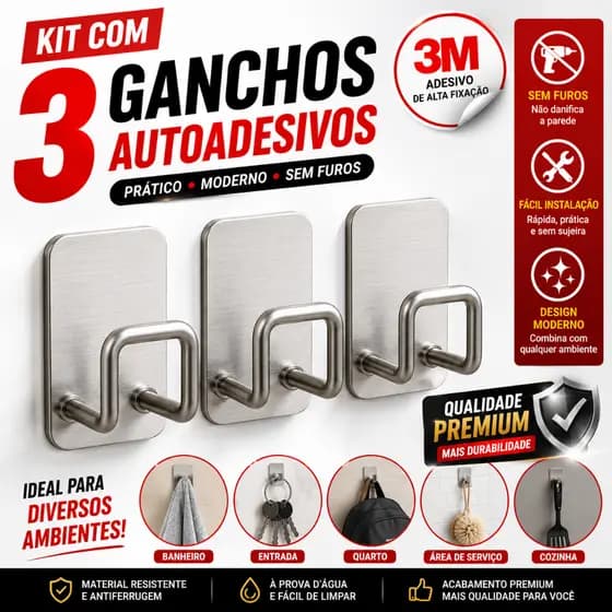 Kit 3 Ganchos Adesivos Inox Com Adesivo 3M Original Multiuso Sem Furos Cozinha Banheiro