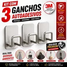 Kit 3 Ganchos Adesivos Inox Com Adesivo 3M Original Multiuso Sem Furos Cozinha Banheiro