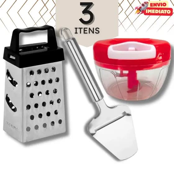 Kit com Ralador, Plaina para Queijo e Mini Processador em Inox - 3 ou 6 peças
