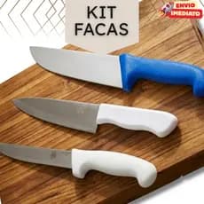 Kit 3 Facas Profissionais Inox Premium Churrasco Cozinha Peixeira Faca Carne Cabo Azul Branco
