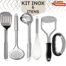 Kit Cozinha 6 Peças Aço Inox : Amassador Alho e Batata, Concha, Espátula, Escumadeira e Fuê - Utensílios Pronta Entrega