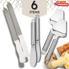 Kit Faca de Pão 32 cm + Espátula de Manteiga 20,6 cm + Plaina de Queijo 23,5 cm - Cozinha Inox Padaria - 3 ou 6 itens