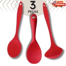 Kit com 3 ou 6 Utensílios de Cozinha Silicone – Colher, Colher de Servir e Concha