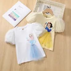 2-7 Anos Meninas Camisa Elsa Renda Malha Manga Curta Tops de Princesa Bebê Camiseta Branca de Neve Blusa Roupas Exterior