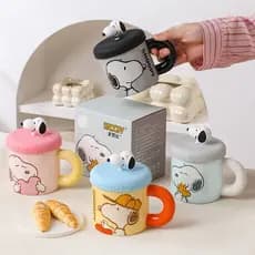 Caneca Snoopy com tampa, copo de cerâmica doméstico, xícara de café fofa, desenho animado, casal, copo de água, leite