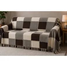 Manta  para Sofá Xale 3 Lugares 2,20mx2,60m Xadrez Bege Cru com Franjas Artesanal Decorativa Premium