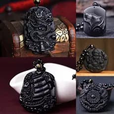 Cor de vidro imitação obsidiana lobo cabeça dragão Phoenix fofoca pingente Ruyi elefante Guanyin buda colar fornecimento
