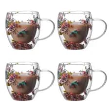 Kit 4 Xícaras Vidro Duplo 250ml Café Chá Floral