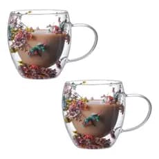 Kit 2 Xícaras De Vidro Parede Dupla Caneca 250ml Flores