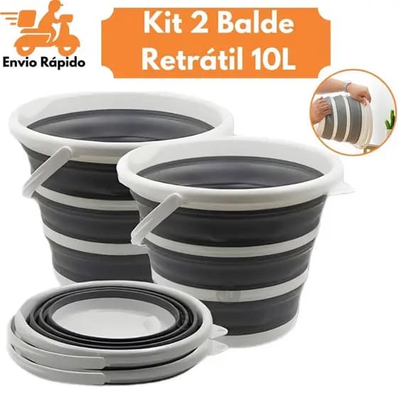 Kit 2 Balde Retrátil Dobrável de Silicone – 10L | Compacto, Portátil, Cor Cinza, Ideal para Viagem e Camping Limpeza