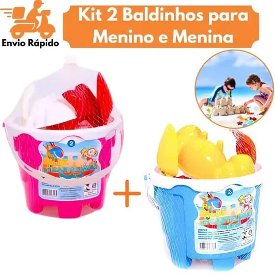 Kit 2 Baldinhos De Areia Infantil Menina E Menino Com 6 Acessórios Castelo Praia Pá Bichos
