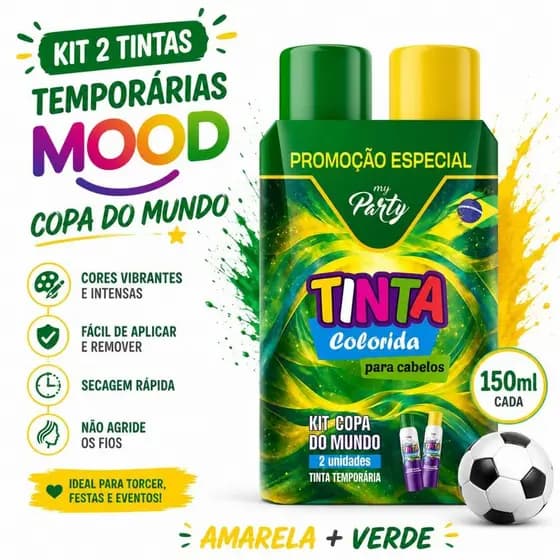 Kit Copa do Mundo 2 Tintas Temporárias Mood 150ml | Amarela + Verde