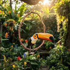Tucano Madeira No Cipó Artesanal Decorativo Escultura Tropical Rústica Ave Colorida Enfeite
