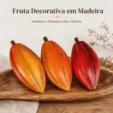 Kit 3 Frutas Entalhadas em Madeira Cacau Artesanal Decoração Para Cozinha