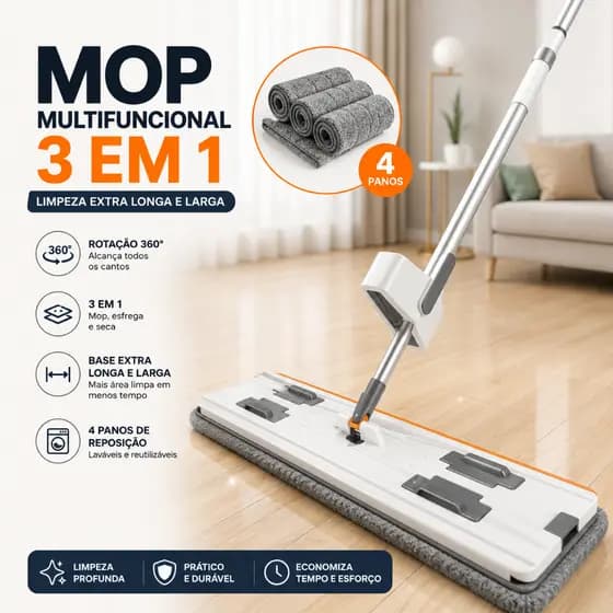 Moop Multifuncional 3 em 1 com Rotação 360° - Limpeza Extra Longa Rodo ,Inclui 4 Panos de Reposição