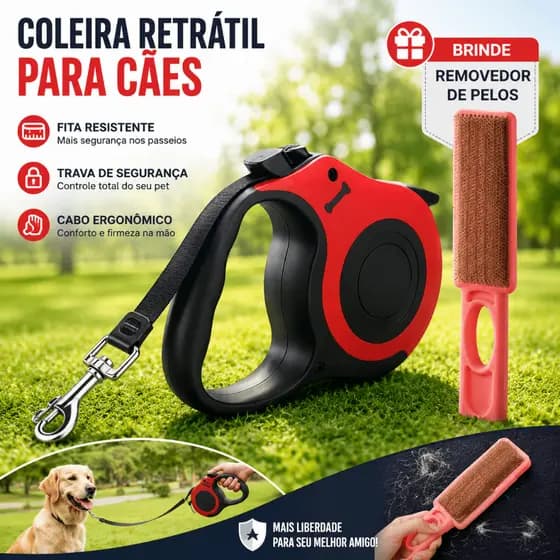 Kit Coleira para Cachorros e Pets + Escova Tira pelos PET Guia de  5 Metros Retrátil em Fita Nylon