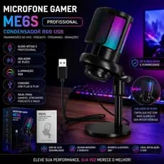 Microfone Gamer Mesa Condensador Me6s Profissional Rgb Usb transmissões ao vivo podcasts