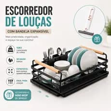 Escorredor de Louça com bandeja Expansível + Mini Mop Pia Cozinha Copos Pratos Talheres 2 em 1