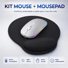 Kit Mouse Sem Fio Bluetooth Recarregável RGB + Mousepad Ergonômico com Apoio em Gel