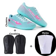 Chuteira futsal mais meiao e caneleira pra quadra