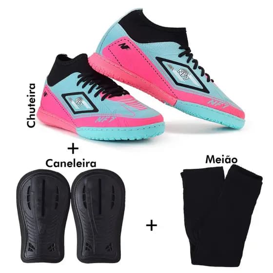 Chuteira cano medio futsal sola colada e costurada kit completo chuteira +meiao +caneleira