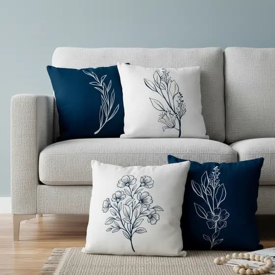 Kit 4 Capas de Almofadas Decorativas 45x45 - Floral Azul Marinho