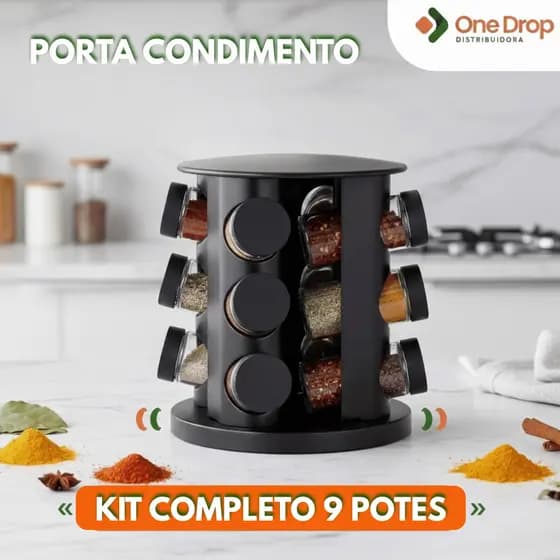 Porta Condimentos Giratório Com 9 Potes De Vidro Preto