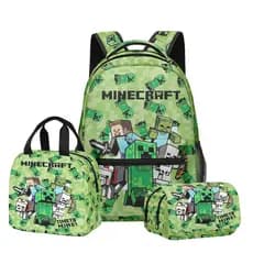 Conjunto de três peças de mochila escolar estilo jogo Minecraft + lancheira + estojo para lápis