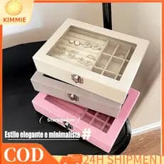 Caixa de Joias 9 Divisórias com Veludo Organizador Portátil para Brincos Anéis Colares Antipoeira Transparente Rosa