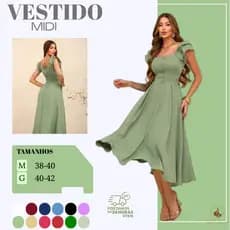 Vestido Feminino Midi Casual e Elegante, Manga Bufante, Botões Frontais, Ideal para Festa e Casual