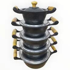Jogo de Panela de Aluminio Fundido Batido Kit Preto Craqueada com Pegador de Madeira