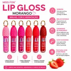 Gloss Brilho Labial Espelhado Miss Fon  Morango Hidratante Brilho Intenso  Colorido Fruity Lip Oil