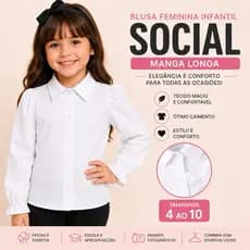 Blusa Infantil Social Branca Menina Manga Longa Punho Elástico Gola Trad