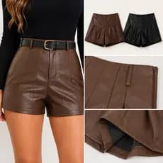 Short Courino Feminino Cintura Alta Couro Fake Social Moderno P M G GG